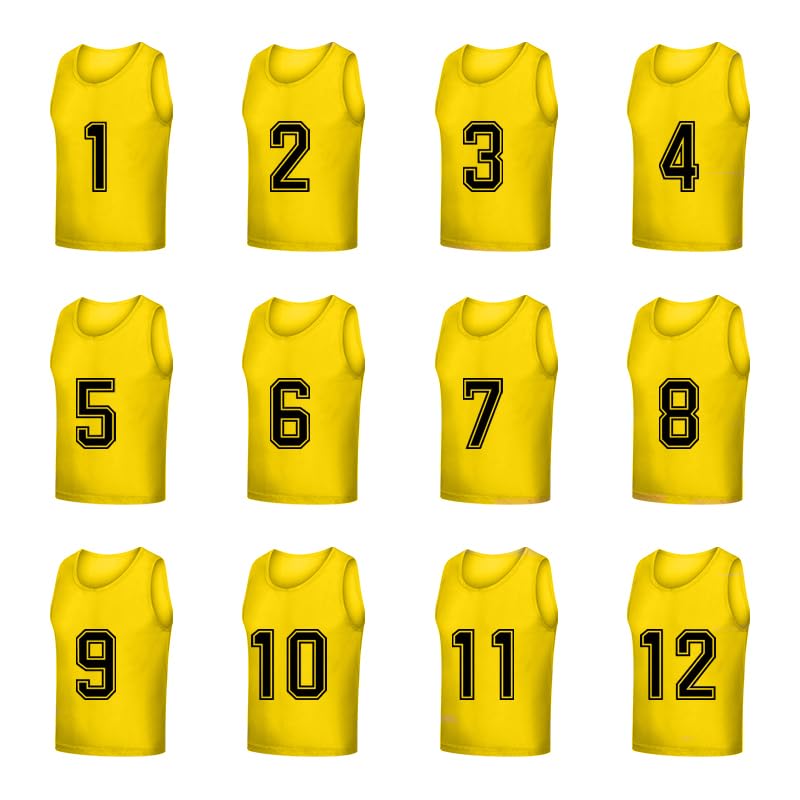 Set of 12 (1-12) Numbered Pinnies/Scrimmage Vest/Team Practice Jerseys for Children Youth Adult