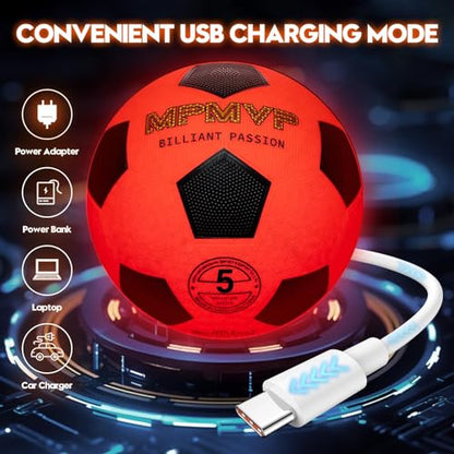 Glow in The Dark Soccer Ball - Water-Resistant, Official Size 5, Light Up with Every Kick, Includes Pump, Manual & Extra Batteries - Perfect Soccer Gifts for Kids and Teen Boys
