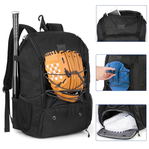 MATEIN Baseball Backpack, Softball Bat Bag with Shoes Compartment for Youth, Boys and Adult, Lightweight Baseball Bag with Fence Hook Hold TBall Bat, Batting Mitten, Helmet, Caps, Teeball Gear - color: Black, size: 47L
