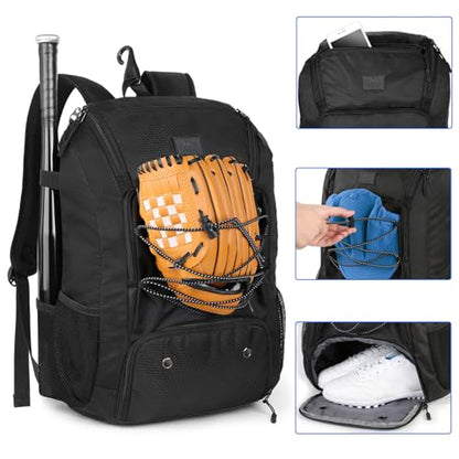 MATEIN Baseball Backpack, Softball Bat Bag with Shoes Compartment for Youth, Boys and Adult, Lightweight Baseball Bag with Fence Hook Hold TBall Bat, Batting Mitten, Helmet, Caps, Teeball Gear - color: Black, size: 47L