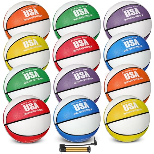 Lenwen 12 Pieces Rubber Basketball Bulk Official Size Basketball with Pump for Game Practice Training Street Ball Sport Gift for Kids Youth Teens Adults Indoor Outdoor Gift Back to School