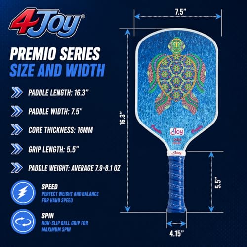 4Joy AMP4 Pickleball Paddle – T700 Carbon Fiber, Lightweight 7.5 oz, Wide Face for Control, 14mm Core, Beginner to Low-Intermediate - USAP Approved - style: Turtle
