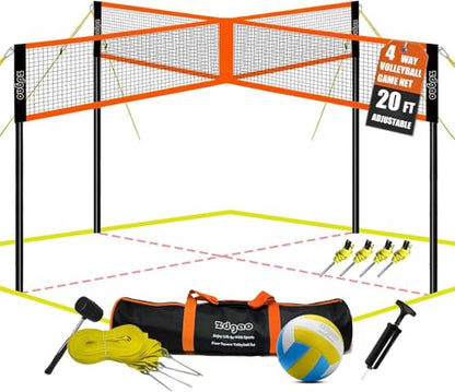 Zdgao 14 ft/20 ft 4-Way Volleyball and Badminton Combo Net with Soft Volleyball, Rubber Hammer and Carry Bag, Adjustable Height Four Square Volleyball Game Set for Backyard and Beach - color: 20FT BLACK & ORANGE