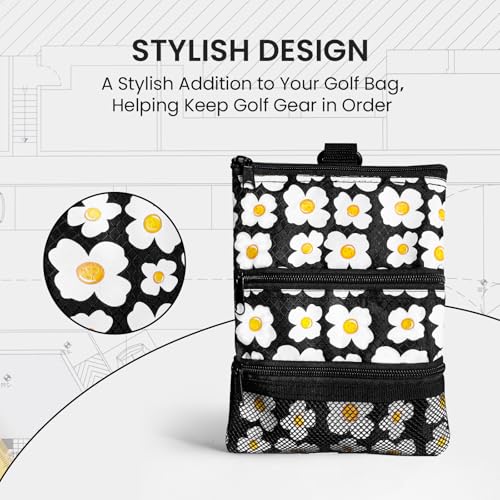Amy Sport Golf Bag Accessories Valuables Pouch Bags Multi Pocket Zipper Hook with 10 Pcs Wood Golf Tees for Men Women - color: Daisy