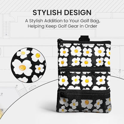 Amy Sport Golf Bag Accessories Valuables Pouch Bags Multi Pocket Zipper Hook with 10 Pcs Wood Golf Tees for Men Women - color: Daisy
