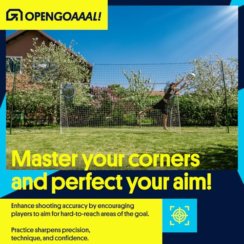 Open Goaaal Soccer Goal Corner Net Targets - 15 x 15 in, Black, 2-Pack - Soccer Training Equipment - Adjustable Straps Fit Any Goal Net - 3-in-1 Corner Trainer & Rebound Mesh
