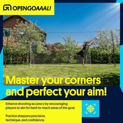 Open Goaaal Soccer Goal Corner Net Targets - 15 x 15 in, Black, 2-Pack - Soccer Training Equipment - Adjustable Straps Fit Any Goal Net - 3-in-1 Corner Trainer & Rebound Mesh