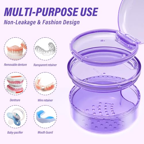 Denture Case, 2PCS Retainer Case with Strainer Basket, 2 in 1 Denture Bath Case No-Leak Retainer Cleaner Case, Retainer Holder for Travel, Mouth Guard Case for Dentures, Clear Braces, Night Guard - color: Blue-Purple