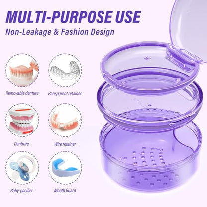 Denture Case, 2PCS Retainer Case with Strainer Basket, 2 in 1 Denture Bath Case No-Leak Retainer Cleaner Case, Retainer Holder for Travel, Mouth Guard Case for Dentures, Clear Braces, Night Guard - color: Blue-Purple