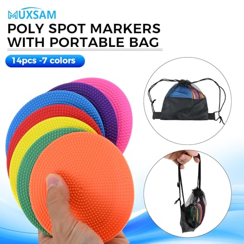 MUXSAM 14Pcs Spot Markers for Agility Dot Gym PE Training Dance, Flat Disc Markers, Soccer Cones, Field Court Markers, Football Training Equipment with Bag for Games Floor Dots Sport