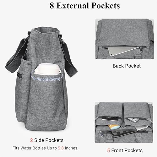 VOLGANIK ROCK Canvas Tote Bag Waterproof Nylon Multi Pocket Shoulder Bags Laptop Work Bag Teacher Purse Handbag for Women Men - color: Grey 2