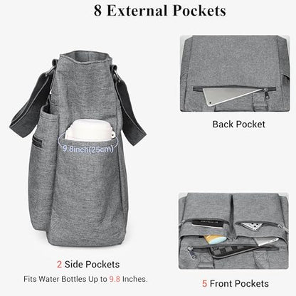 VOLGANIK ROCK Canvas Tote Bag Waterproof Nylon Multi Pocket Shoulder Bags Laptop Work Bag Teacher Purse Handbag for Women Men - color: Grey 2