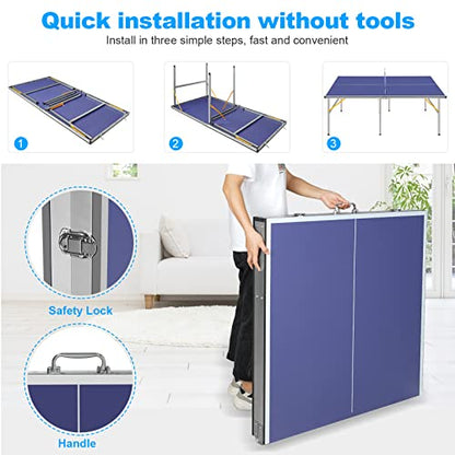 Mid-Size Table Tennis Table Foldable with Net, Foldable & Portable Ping Pong Table Set with 2 Table Tennis Paddles and 3 Balls for Small Spaces, Indoor/Outdoor Backyard Garden