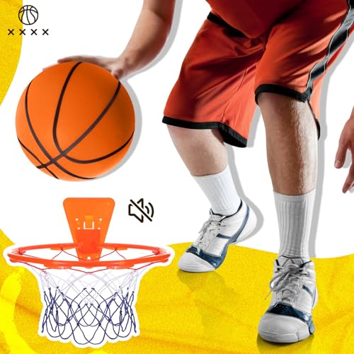 Silipull Size 7 (29.5") Silent Basketball and Hoop Set – Noiseless Airless Foam Basketball for Quiet Indoor Dribbling & Training, Realistic Feel with High Bounce, Ideal for Teens Adults(Orange)