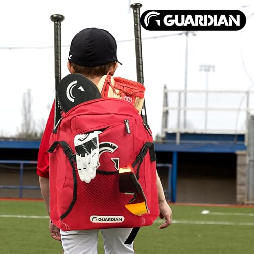 Guardian Baseball Backpack for Youth, Softball Bag for Girls, Durable Bat Bags Baseball Youth Boys and Girls, TBall Bag – Includes Hook to Hang on Fence - color: Red/Black