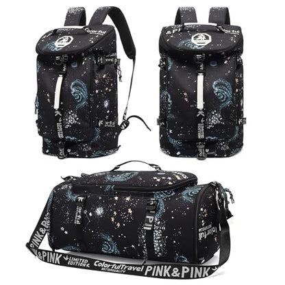 Floral gym duffel bag backpack, fashion wrestling bag,with shoe compartment, 4 kinds of back method waterproof travel sports walking laptop Lightweight（A-Starry Sky） - color: A-Starry Sky