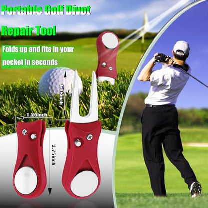 2 Pack Foldable Golf Divot Tool, Magnetic Turf Repair Tool with Spring Loaded Fork, Portable Golf Divot Repair Tool and Removable Ball Marker, for Repair Lawn Ball Marks,Mark Shots