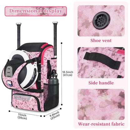 VBK Softball Bag for Girls,Kids Baseball Bag,Baseball Backpack for Boys,Tball Bag,Softball Equipment with Shoes and Ball Compartment - color: Pink