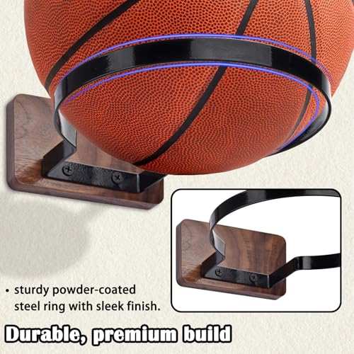 Basketball Holder Wall Mount, Black Walnut Ball Storage Wall Decorations for Basketball, Football, Soccer, Volleyball Collection, Stylish Basketball Rack Display for Home Decor