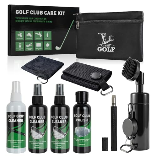 Golf Club Cleaning Kit, 8-in-1 Club Care Set with Cleaner, Brush, Groove Sharpener, Grip Cleaner, Polish, Magnetic Towel, Ball Towel & Portable Bag - Restores Shine, Removes Rust, Renews Grip