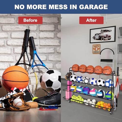 Basketball Rack, Shooting Training Rolling Ball Stand, Garage Organizer with Wheels, 4-Layer Sports Equipment Storage Holder with Baskets and Hooks for Soccer Baseball Footballs Volleyball