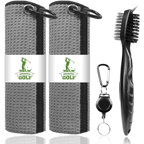 ATTRACTIVE Golf Towels, Microfiber Waffle Pattern Towels - Golf Club Brush with Cleaning (2 Gray Towel+Black Brush) - color: Gray