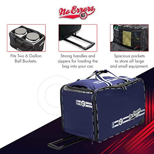 No Errors Ball Boy XL Wheeled Baseball Coaches Bag - Heavy Duty Baseball and Softball Bag for Coaches - Holds Two 6 Gallon Ball Buckets and Coaching Equipment - color: Navy