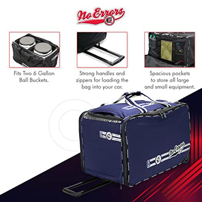 No Errors Ball Boy XL Wheeled Baseball Coaches Bag - Heavy Duty Baseball and Softball Bag for Coaches - Holds Two 6 Gallon Ball Buckets and Coaching Equipment - color: Navy