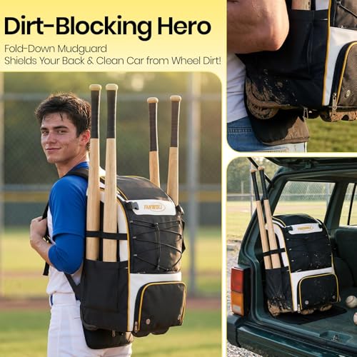 Leather Rolling Baseball Bag - Youth Softball Bag with Wheels for Boys Girls - Rain Cover & Mud Guard for Clean Car - Premium 4-Bat Tournament Roller - Large Equipment Organizer