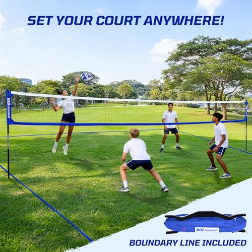 Haokelball Outdoor Volleyball Net Set for Backyard, 32FT Regulation, 3-Level Adjustable Height & Anti-Sag Tension System, Heavy Duty Thick Poles, Includes Volleyball, Pump, Boundary Line and Carry Bag - color: A-Blue