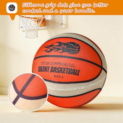 Silent Basketball Size 5 with Fabric Cover, Airless Basketball for Quiet Dribbling and Indoor Training, Pro PU Foam Ball for Ideal Gift for Birthdays or Christmas (No.5-25.3")