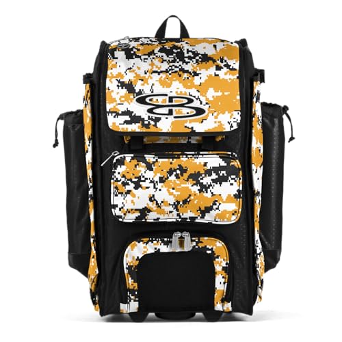 Boombah Rolling Catchers Superpack Baseball/Softball Gear Bag Digital Camo - 23-1/2" x 13-1/2" x 9-1/2" - Multiple Colors - Telescopic Handle and Holds 4 Bats - Wheeled Version - color: Black/Gold