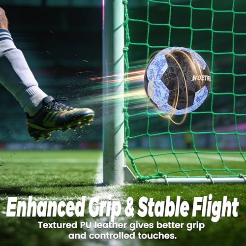 Soccer Ball Size 5 for Youth & Adults, Black Blue PU Leather, Durable Machine-Stitched 32-Panel Football, Hidden Seams, Water-Resistant, Outdoor & Indoor Training Ball
