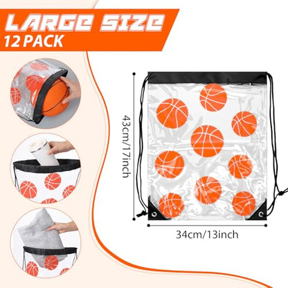 Cholemy 12 Pcs Clear Basketball Drawstring Bags 17 x 13 Inch Waterproof Plastic Gift Snack Goodie Bags for Team Sports Gym Events Stadium - style: Basketball Style
