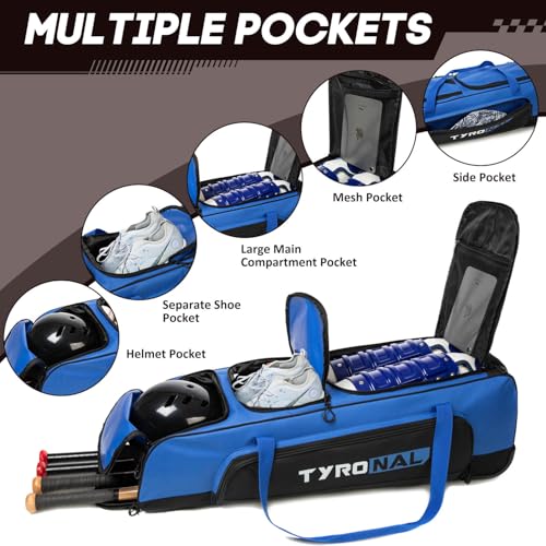 Baseball Bag with Wheels for 4 Bats,Soft Rolling Baseball Bag With Multi-Pockets, Fence Hook, Holds All Baseball Equipment. - color: Blue/Blk