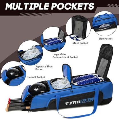 Baseball Bag with Wheels for 4 Bats,Soft Rolling Baseball Bag With Multi-Pockets, Fence Hook, Holds All Baseball Equipment. - color: Blue/Blk