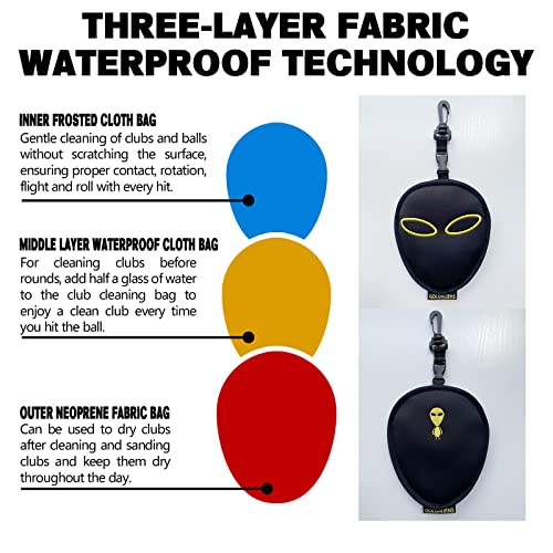 Golf Club Cleaner & Ball Cleaning Bag,Original Three-Layer Fabric Waterproof Technology,Golfer's Ultimate Green Clean Scrub Equipment Accessories,Removable Clips to Support Machine Washing - color: Black