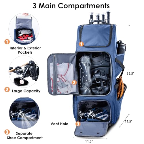 Upgraded Rolling Baseball Bag with Sturdy Hard Backing - Large Softball Bag with Wheels for 4 Bats, Large Team Equipment Duffle Bat Bag, Catcher Gear Bag for Boys 8-12, Youth, Adults
