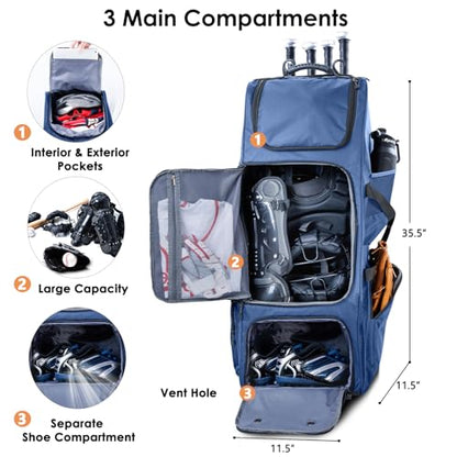 Upgraded Rolling Baseball Bag with Sturdy Hard Backing - Large Softball Bag with Wheels for 4 Bats, Large Team Equipment Duffle Bat Bag, Catcher Gear Bag for Boys 8-12, Youth, Adults