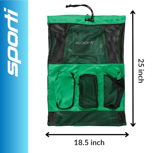 Sporti Swimming Equipment Bag Zipper Pocket, Mesh Drawstring Backpack, Drawstring Bags, Big Mesh Backpack for Workout Gear - color: Equipment - Kelly Green, style: 4. Two Shoulders & Pockets