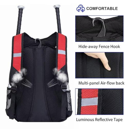DAFISKY Baseball Bag Softball Backpack - Youth Adult T Ball Bat Equipment Bag with Bat Helmet Holders, Shoe Compartment - color: Red