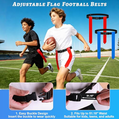 CHERAINTI Flag Football Belts Set, 14 Players Adjustable Extended Youth Flag Football Set for Kids, Teens & Adults, Ideal for Team Training and Outdoor Games, Includes Cones, Whistles & Carry Bag