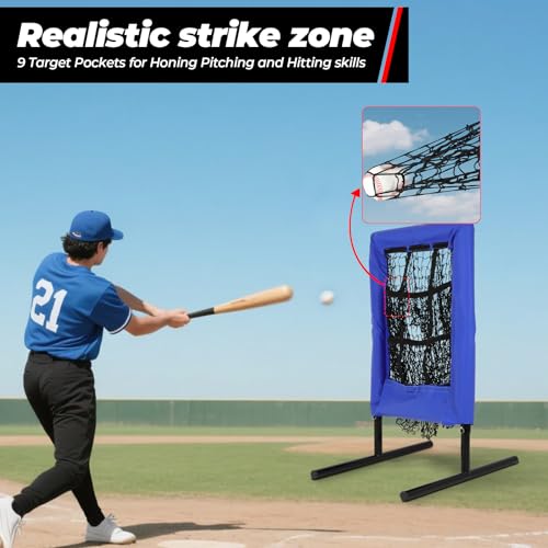 FAHKNSHeavy-Duty Pitching Net, 9 Hole Pitching Net with Strike Zone Removable Digital Targets,3 Height Adjustable Throwing Trainer for Baseball & Softball with Ball - color: blue
