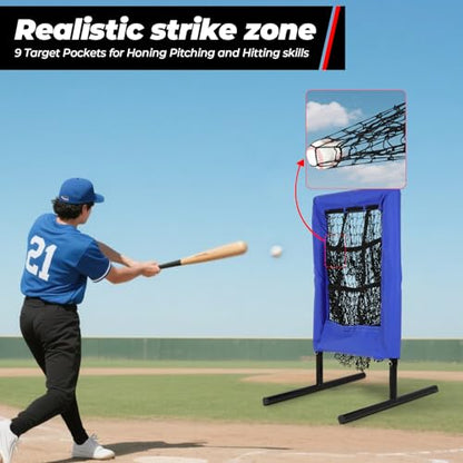 FAHKNSHeavy-Duty Pitching Net, 9 Hole Pitching Net with Strike Zone Removable Digital Targets,3 Height Adjustable Throwing Trainer for Baseball & Softball with Ball - color: blue