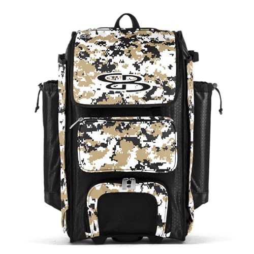 Boombah Catchers Superpack Hybrid Rolling Digital Camo Bat Bag - Multiple Colors - Wheeled & Backpack Version - color: Black/Vegas Gold