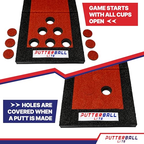 PutterBall Original Golf Putting Game Set – Backyard Putting Green Pong Style Golf Mat with 2 Putters, 2 Balls & Hole Covers - 9 ft - color: Red