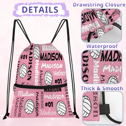 Custom Volleyball Style Drawstring Bag, Personalized Sports Ball Backpack Drawstring Sack Cinch Bags for Team Gift Party Favors, Light Pink - color: Deep Red