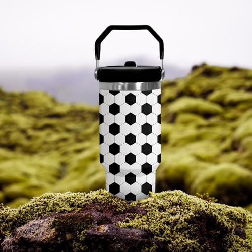 30 oz Tumbler with Handle Flip Straw Leak Proof - Soccer Cup 30oz Tumbler Travel Coffee Mug with Handle - Birthday Gifts for Women Men Soccer Lovers Fans 30 Ounce Stainless Steel Cup - color: Soccer