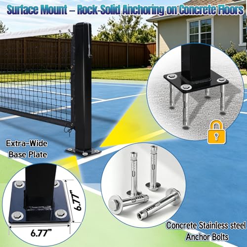 Seliyoo Professional Pickleball Net System for Tournament Courts -22FT Regulation Heavy Duty Carbon Steel Posts with Premium Cast Brass Winder,Handle,Pulley - Indoor/Outdoor Surface Mount - color: Dark Black