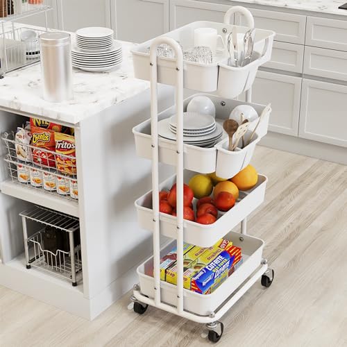 Simple Houseware 4-Tier Multifunctional Rolling Utility Cart with Hanging Buckets, White - color: White, size: 4-Tier